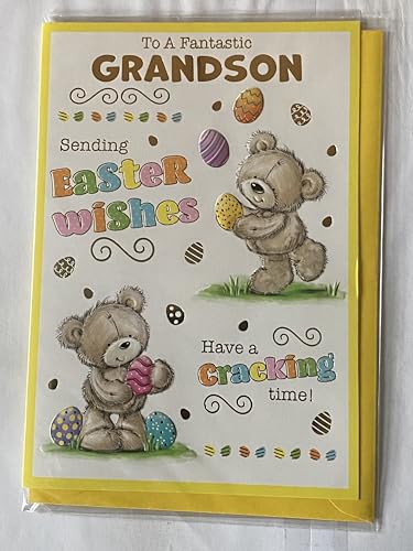 To A Fantastic Grandson Sending Easter Wishes Have A Cracking Time! Easter Card Teddies/Multi Words/Multi Easter Eggs Foil Detail (PH49853A)