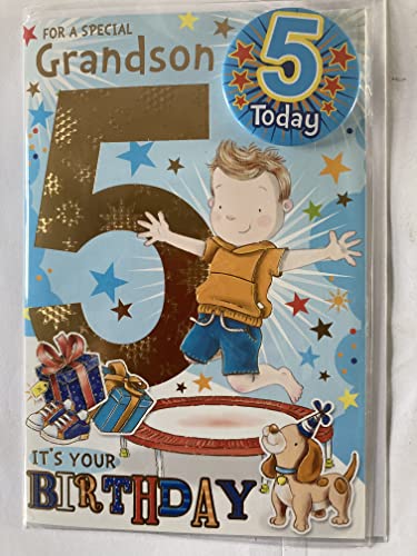 For A Special Grandson 5 It's Your Birthday Card With Badge 5th Five Fifth Cute Boy/Trampoline/Dog Foil Detail(CC7522B/01)