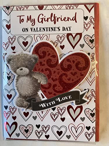 To My Girlfriend On Valentine's Day With Love Valentines Day Card White/Red/Black Teddy/Large Red Heart 3D/Glitter/Foil Detail (PRELUDE45310)