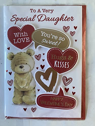 To A Very Special Daughter With Love You're So Sweet! Hugs & Kisses Happy Valentine's Day Valentines Day Card Teddy/Red+Gold Hearts/Words 3D/Foil Detail (PRELUDE47549)