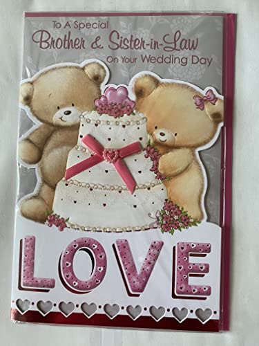 To A Special Brother & Sister-In-Law On Your Wedding Day Card White/Pink Teddies/Wedding Cake Ribbon/Pearl Heart/Foil Detail(PRELUDE35822)