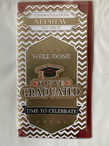 Congratulations Nephew You Did It Well Done You've Graduated Time To Celebrate Graduation Card Gold/White-Zigzags/Words/Hat 3D/Glitter/Foil Detail(PRELUDE41563)