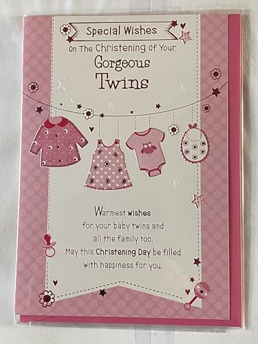 Special Wishes On The Christening of Your Gorgeous Twins Christening Card Twin Girls Girl Daughters Christening Day Card Pink Clothes/Pink Words Foil Detail(PH39997E)