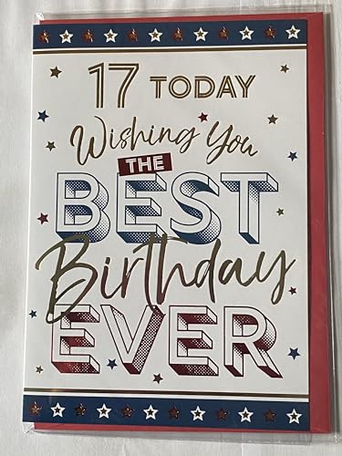 Boys Male Age 17 17th Seventeen Seventeenth 17 Today Wishing You The Best Birthday Ever Birthday Card White-Gold/Blue/Red Words/Stars Foil Detail(PH48393E)