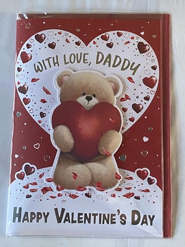 With Love Daddy Happy Valentine's Day Valentines Day Card White/Red-Teddy Holding Large Red Heart 3D/Foil Detail (PRELUDE49596)