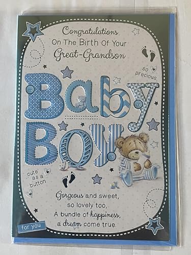 Congratulations On The Birth Of Your Great-Grandson Baby Boy New Baby Boy Born Card To The Great-Grandparents White/Blue Baby Teddy/Bottle Foil Detail(PH42354E)