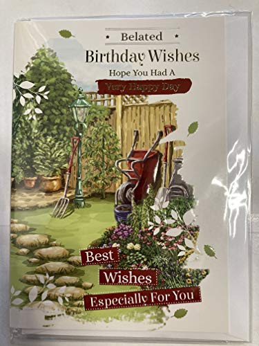 Mens Male Belated Birthday Wishes Hope You Had A Very Happy Day Belated Birthday Card Gardening/Wheelbarrow Foil Detail(PH41051A)