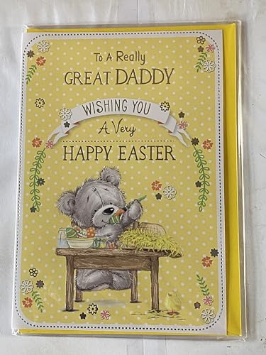 To A Really Great Special Daddy Wishing You A Very Happy Easter Card Yellow-Teddy Decorating Eggs Foil Detail(PH41449A)