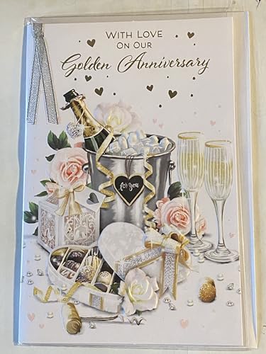 With Love On Our Golden Anniversary 50th Wedding Anniversary Card Husband Wife Champagne/Ice Bucket/Flutes/Chocolates/Roses Ribbon/Foil Detail(PRELUDE48312)