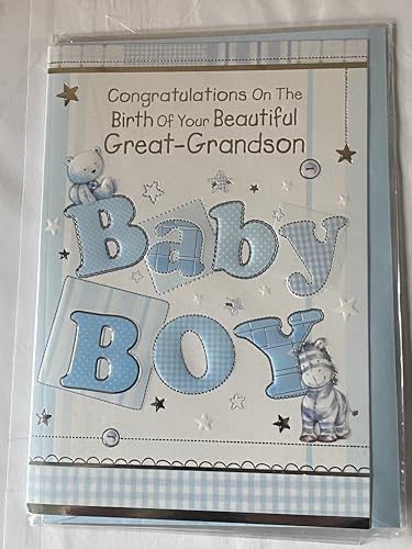 Congratulations On The Birth Of Your Beautiful Great-Grandson Baby Boy New Baby Born Card To The Great-Grandparents White/Blue Teddy/Zebra Foil Detail(PH38865A)