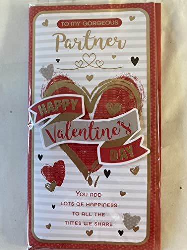 To My Gorgeous Partner Happy Valentine's Day Valentines Day Card Red/Gold Hearts/Words/Stripes 3D/Foil Detail (PRELUDE47553)