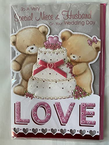 To A Very Special Niece & Husband On Your Wedding Day Card White/Pink Teddies/Wedding Cake Ribbon/Pearl Heart/Foil Detail(PRELUDE35822)