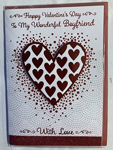 Happy Valentine's Day To My Wonderful Boyfriend With Love Valentine's Day Valentines Day Card White/Red Hearts/Spots 3D/Glitter/Foil Detail (PRELUDE45312)