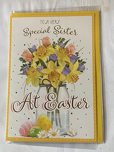 To A Very Special Sister At Easter Card Multi Flowers/Glass Vase/Eggs Glitter/Foil Detail(PH48821E)