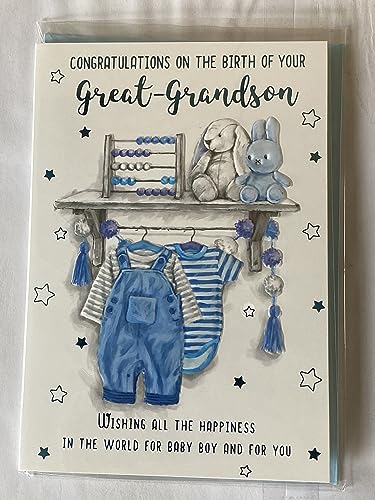 Congratulations On The Birth of Your Great-Grandson New Baby Boy Born Card To The Great-Grandparents Blue Baby Clothes/Blue+White Rabbits Foil Detail(VA217E)