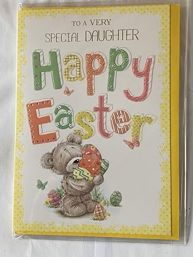 To A Very Special Daughter Happy Easter Card White/Yellow-Teddy Carrying Easter Eggs Foil Detail(PH39711E)