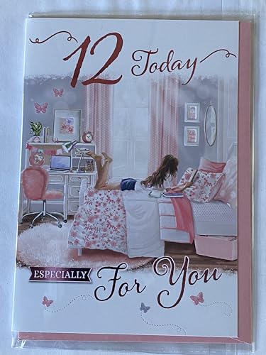 Girls Female Age 12 12th Twelve Twelfth 12 Today Especially For You Birthday Card Girl Laid On Bed/Bedroom/Tablet Foil Detail(PH48403E)