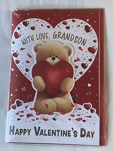 With Love Grandson Happy Valentine's Day Valentines Day Card White/Red-Teddy Holding Large Red Heart 3D/Foil Detail (PRELUDE49596)