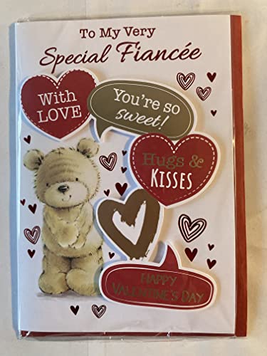 To My Very Special Fiancee With Love You're So Sweet! Hugs & Kisses Happy Valentine's Day Valentines Day Card Teddy/Red+Gold Hearts/Words 3D/Foil Detail (PRELUDE47549)