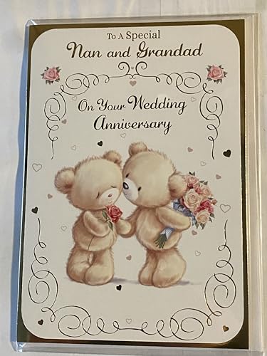 To A Special Nan And & Grandad On Your Wedding Anniversary Card Teddies Holding Flowers+Kissing Foil Detail(NC-VA051A)