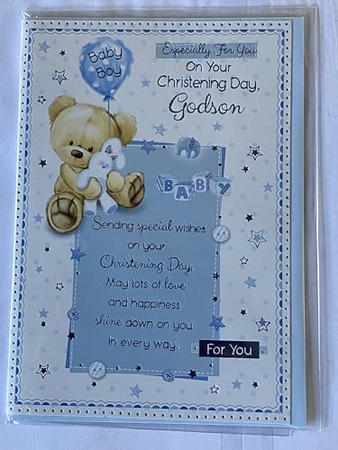 Especially For You On Your Christening Day Godson For You Godson's Christening Day Card White-Teddy/Blue Balloon+Rabbit/Words Foil Detail(PH41079E)