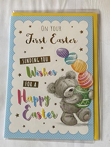 On Your First Easter Sending You Wishes For A Happy Easter Card Baby's Babys 1st Easter Standing Grey Teddy/Multi Easter Eggs Foil Detail (PH48820E)