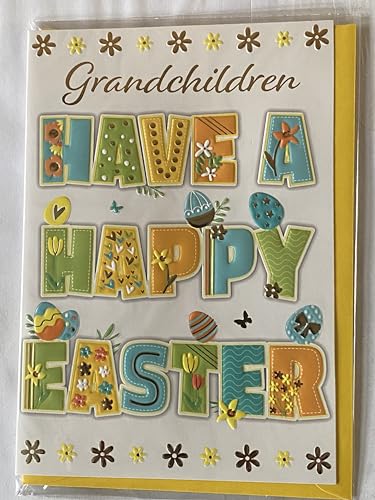 Grandchildren Have A Happy Easter Card White-Blue/Green/Yellow/Orange Words/Easter Eggs Foil Detail (PH49855A)