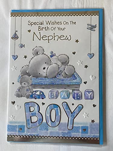 Special Wishes On The Birth of Your Nephew New Baby Boy Born Card Grey Teddy/Blue Mat Foil Detail(PH37268A)