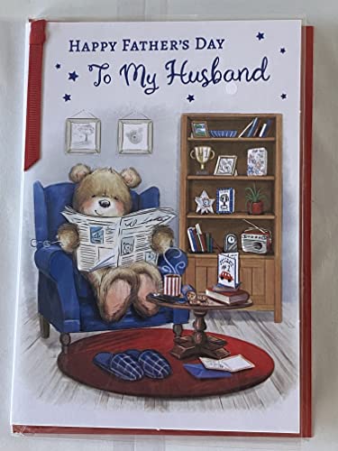 Happy Father's Day To My Husband Fathers Day Card Teddy/Relaxing/Newspaper/Blue Chair Ribbon/Foil Detail(PRELUDE48126)