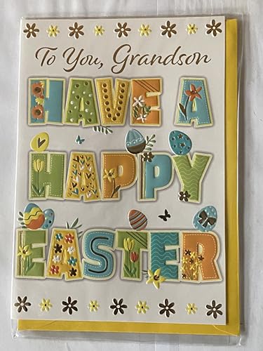 To You Grandson Have A Happy Easter Card White-Blue/Green/Yellow/Orange Words/Easter Eggs Foil Detail (PH49855A)