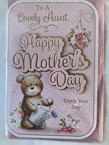 To A Lovely Aunt Happy Mother's Day Enjoy Your Day Mothers Day Card Pink-Gold Teddy/Watering Can 3D/Glitter/Foil Detail(PRELUDE47686)