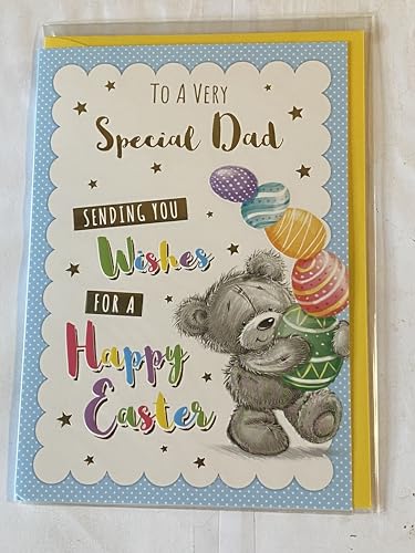 To A Very Special Dad Sending You Wishes For A Happy Easter Card Standing Grey Teddy/Multi Easter Eggs Foil Detail(PH48820E)