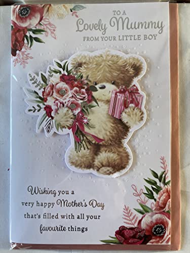 To A Lovely Mummy From Your Little Boy Mother's Day Mothers Day Card Teddy/Pink Flowers+Present/Silver Words 3D/Glitter/Foil Detail(PRELUDE47684)