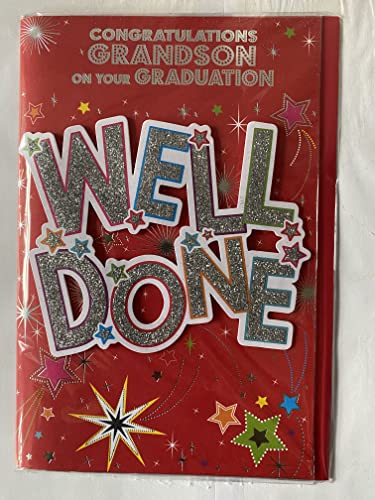 Congratulations Grandson On Your Graduation Well Done Congratulations Graduated Card Red-Silver Words/Stars 3D/Glitter/Foil Detail(PRELUDE37158)