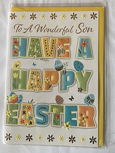 To A Wonderful Son Have A Happy Easter Card White-Blue/Green/Yellow/Orange Words/Easter Eggs Foil Detail (PH49855A)