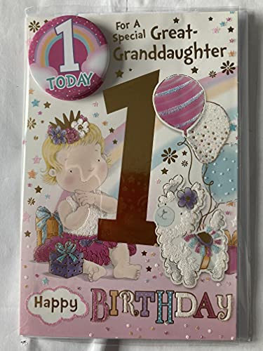 For A Special Great-Granddaughter 1 Happy Birthday Card With Badge Age 1 1st First One Cute Girl/Lamb/Balloons Glitter/Foil Detail(CC7501B/03)