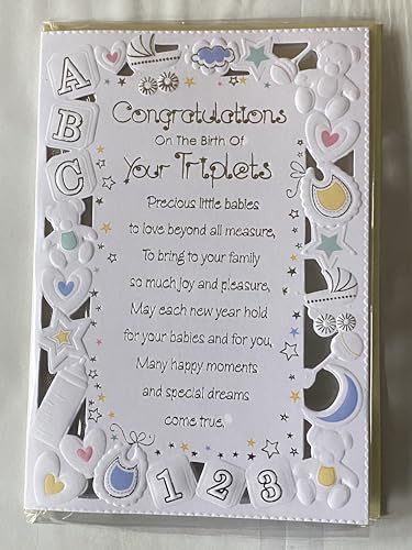 Congratulations On The Birth Of Your Triplets New Baby Triplets Unisex Boy/Girl Birth Born Silver Words Foil Detail(PRELUDE35687)