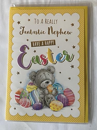 To A Really Fantastic Nephew Have A Happy Easter Card Sitting Grey Teddy/Multi Easter Eggs Foil Detail (PH48820A)