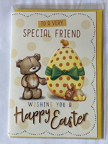 To A Very Special Friend Wishing You A Happy Easter Card Teddy/Big Yellow Easter Egg/Rabbit/Chick/Spots Foil Detail(PH47781E)