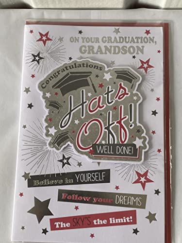 On Your Graduation Grandson Hats Off! Well Done! Congratulations Graduated Card White/Silver/Black/Red-Words/Stars 3D/Foil Detail(PRELUDE41564)