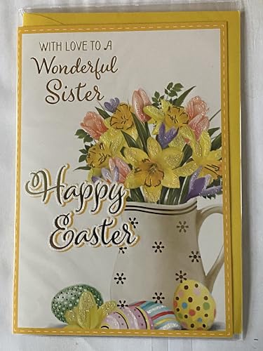 With Love To A Wonderful Sister Happy Easter Card Multi Flowers/Jug Vase/Eggs Glitter/Foil Detail(PH48821A)