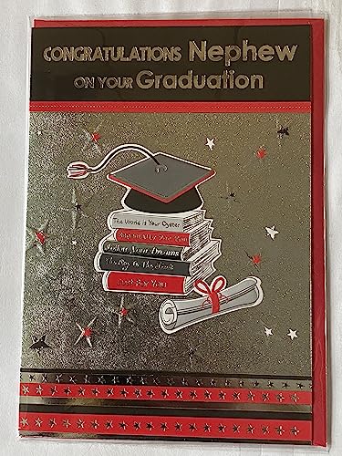 Congratulations Nephew On Your Graduation Card Graduated Well Done Silver/Red/Black-Books/Hat/Scroll Foil Detail(PH37151A)