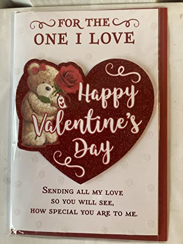 For The One I Love Happy Valentine's Day Valentines Day Card Teddy/Red Rose/Red Glitter Heart Foil/Heart 3D/Glitter/Foil Detail (PRELUDE47557)