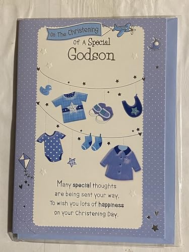 On The Christening of A Special Godson Christening Card Godson's Christening Day Card Blue Clothes/Silver Words Foil Detail(PH39999E)