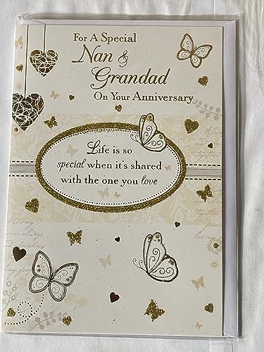 For A Special Nan & Grandad On Your Anniversary Wedding Anniversary Card Gold Butterflies/Hearts/Words Glitter/Foil Detail(PH40001E)