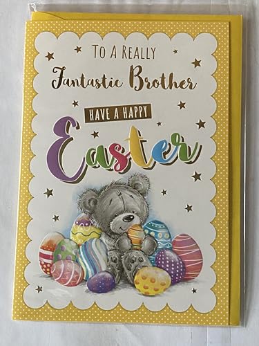 To A Really Fantastic Brother Have A Happy Easter Card Sitting Grey Teddy/Multi Easter Eggs Foil Detail(PH48820A)