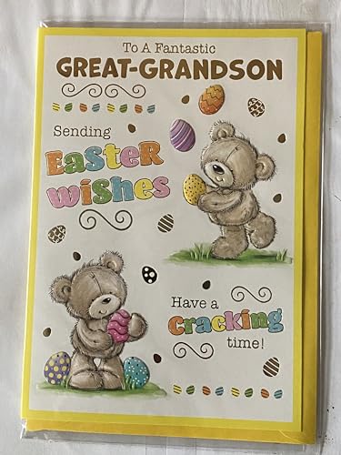 To A Fantastic Great-Grandson Sending Easter Wishes Have A Cracking Time! Easter Card Teddies/Multi Words/Multi Easter Eggs Foil Detail (PH49853A)