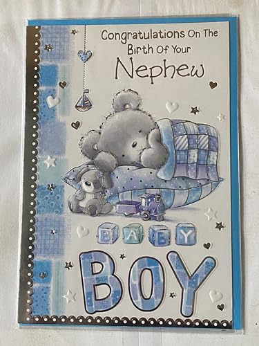 Congratulations On The Birth of Your Nephew New Baby Boy Born Card Grey Teddy/Blue Check Blanket Foil Detail(PH37268E)