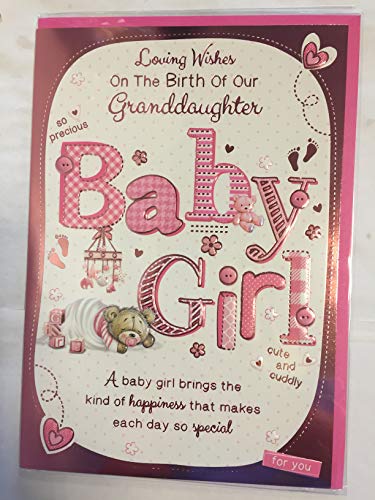 Loving Wishes On The Birth Of Our Granddaughter Baby Girl New Baby Born Card From The Grandparents White/Pink Baby Teddy/Mobile Foil Detail(PH42352A)