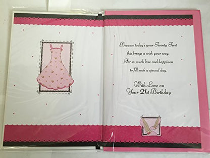 Happy 21st Birthday Daughter Birthday Card Age 21 Twenty-One Pink/Black Dress/Shoes/Bag 3D/Foil/Ribbon Detail(PRELUDE31752)